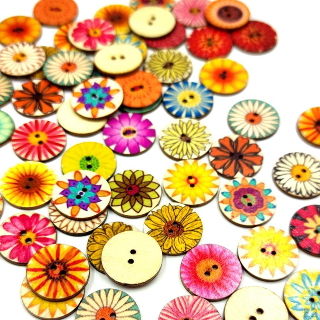 100 Pcs Assorted 2 Holes Round Flower Button Sewing Crafts