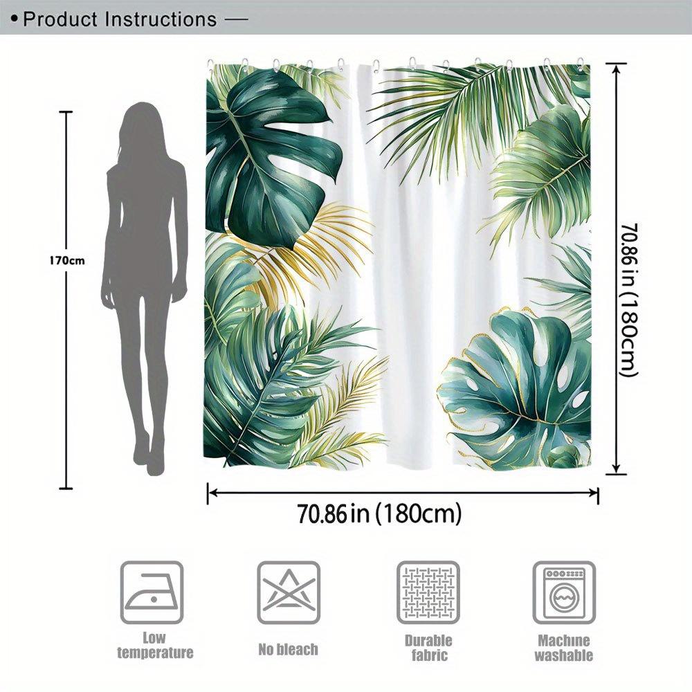 1 Tropical Monstera Leaf Shower Curtain -Vibrant Green, Yellow And Gold Pattern On White Background With Hooks, Machine Washable