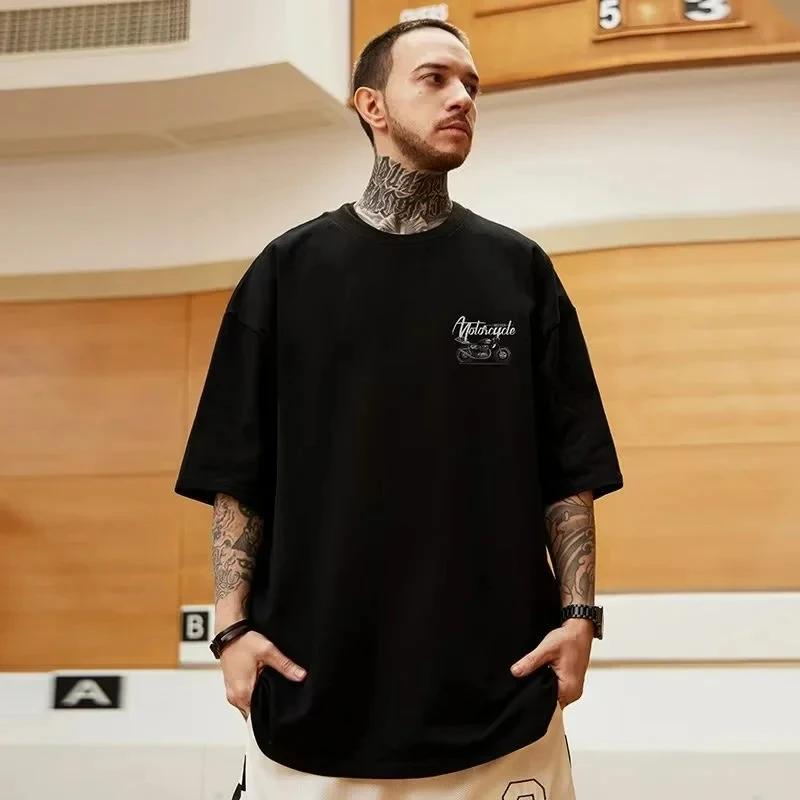 2024 New Harajuku Motorcycle Printed Short Sleeve T-Shirt Men's Summer Trendy High Quality 100% Cotton Round Neck Fitness Top