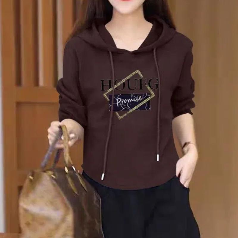 Temperament Spring New Pure Cotton Women's Hooded Letter Printing Casual Long Sleeve Short Slim Sweatshirts Tops