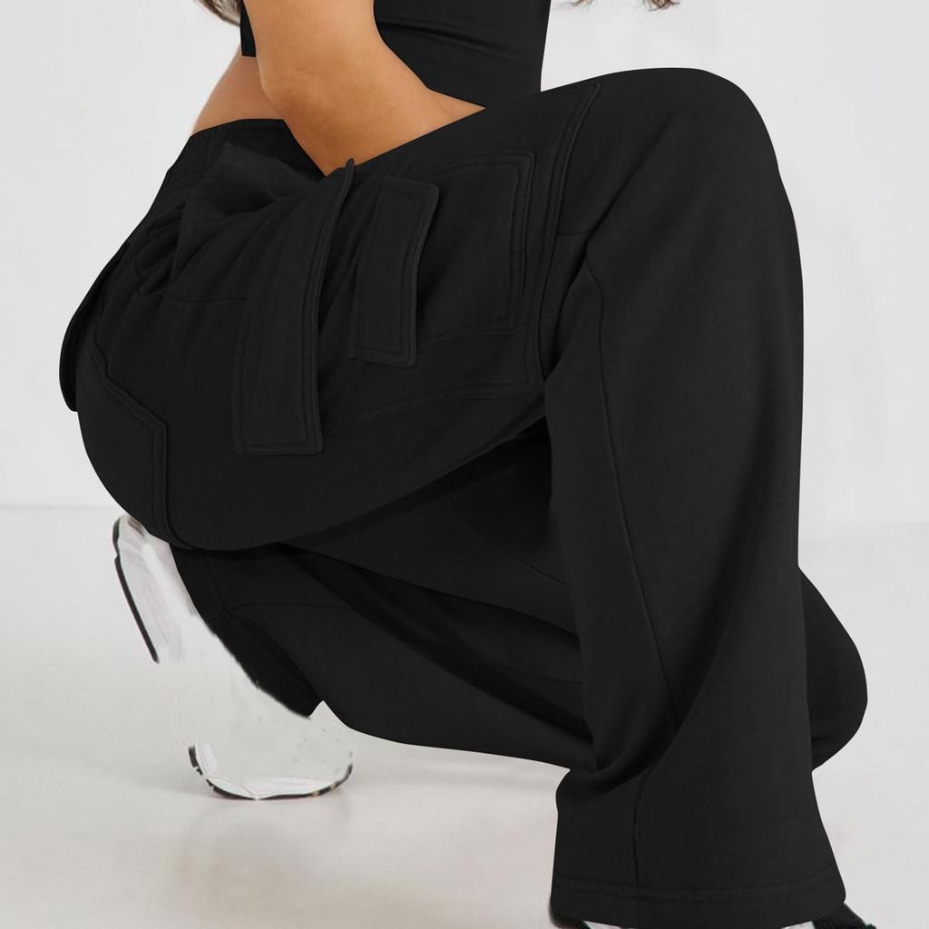 Women's Casual Fashion Solid Color Elastic Waist Drawstring Pockets Wide Leg Straight Pants