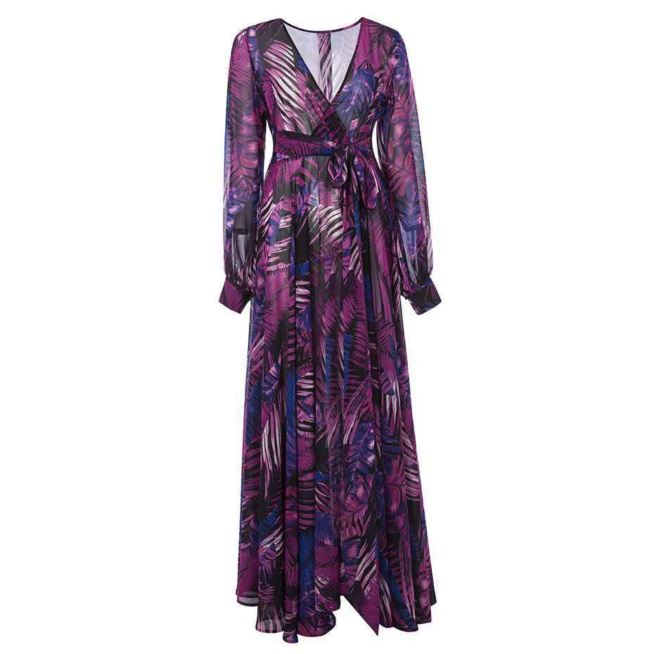1011 Frühling und Sommer Neu Europäisches und Amerikanisches Damenkleid V-Ausschnitt Laternenärmel Rotes Blattmuster Langes Kleid, Weit schwingendes Kleid