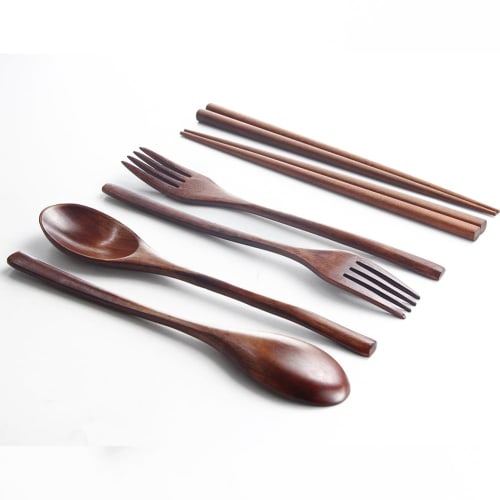 AOOSY Wooden Spoon, Fork, and Chopsticks (6-Piece Set, 2-Piece Set) - Natural Wood Tableware Set, Carved from a Block of Wood, No Glue, with Natural L