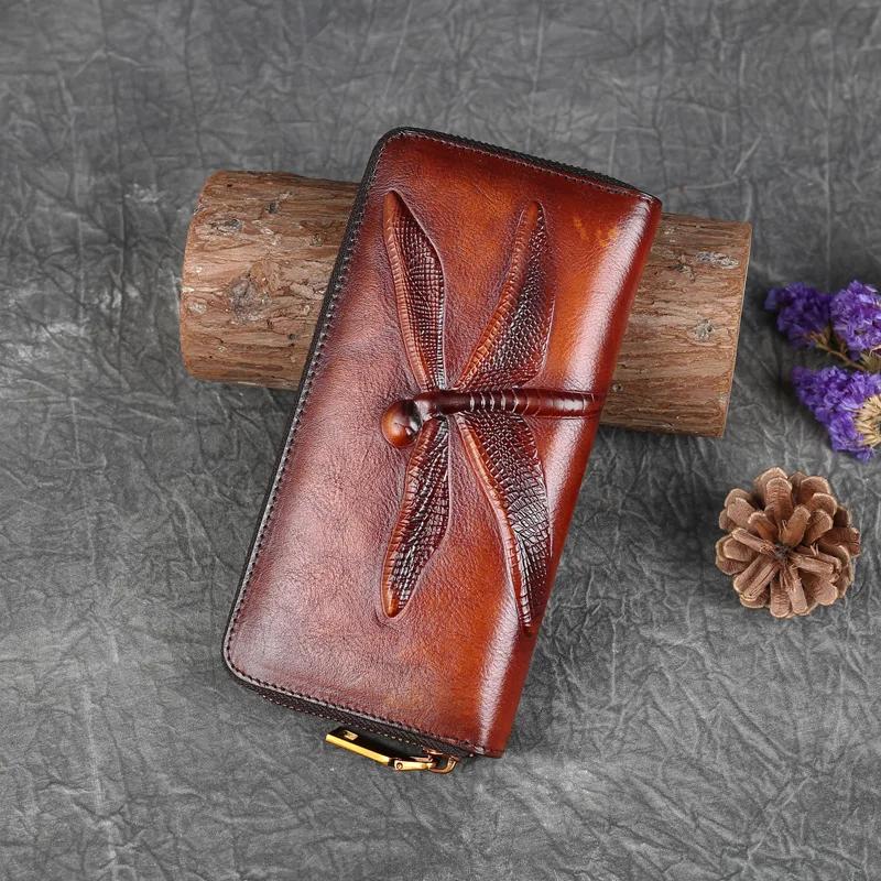 Portafoglio Lungo da Donna Portamonete con Zip Vera Pelle Porta Documenti/Carte di Credito Contanti Design Libellula Retrò Borsa Portadeni in Pelle di Mucca da Donna