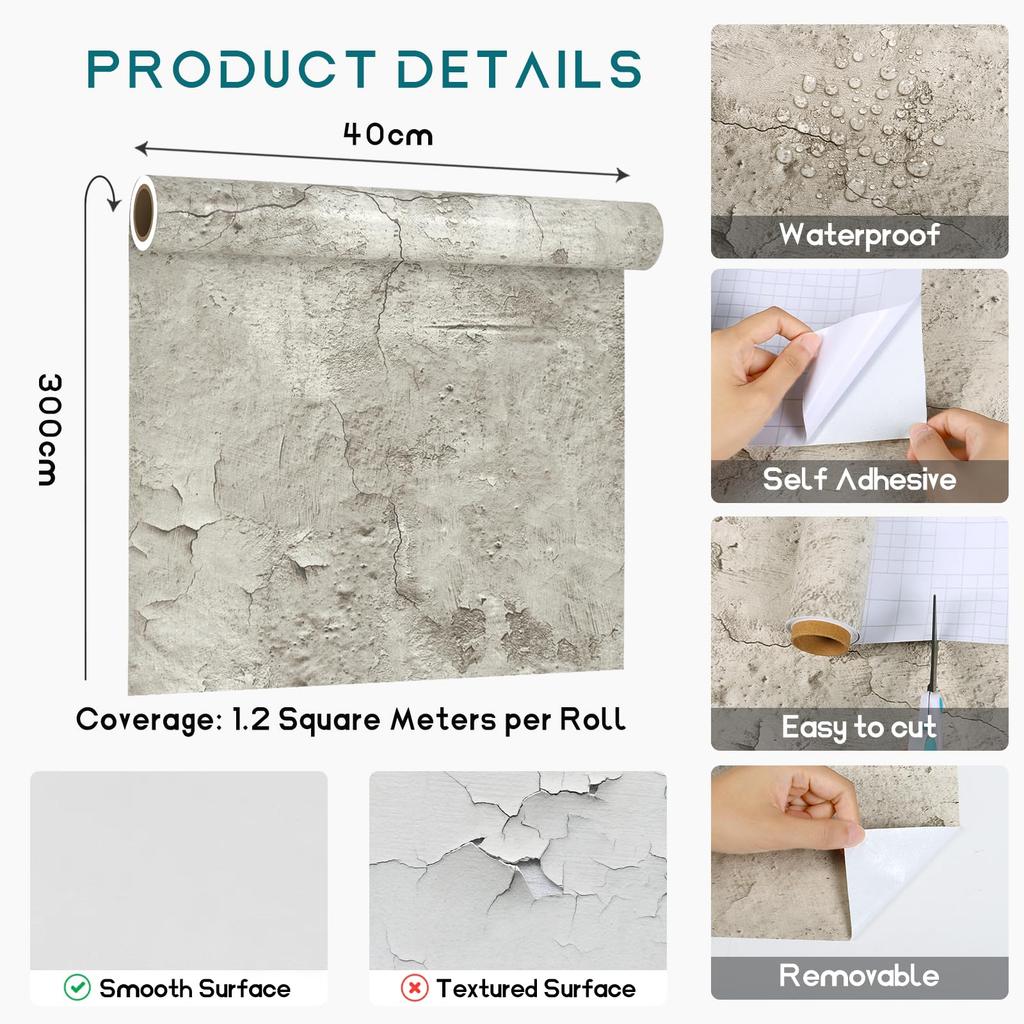VEELIKE Remake Removable Concrete Kitchen Wall Easy DIY Interior Suitable for Sliding Kitchen and Fusuma 40x300cm Sheet, Gray, Wallpaper, Wallpaper,