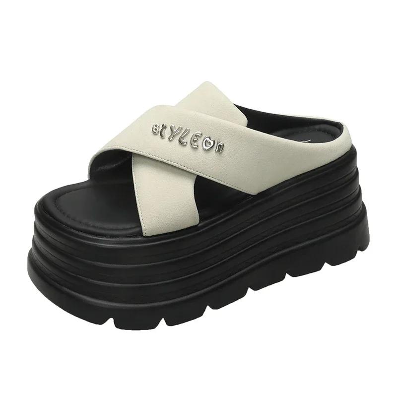 

8CM Summer New Leather Peep Toe Platform Flats Women Sandals Leather Slippers Platform Wedge Shoes pink Stretch Slip on Fashion 34