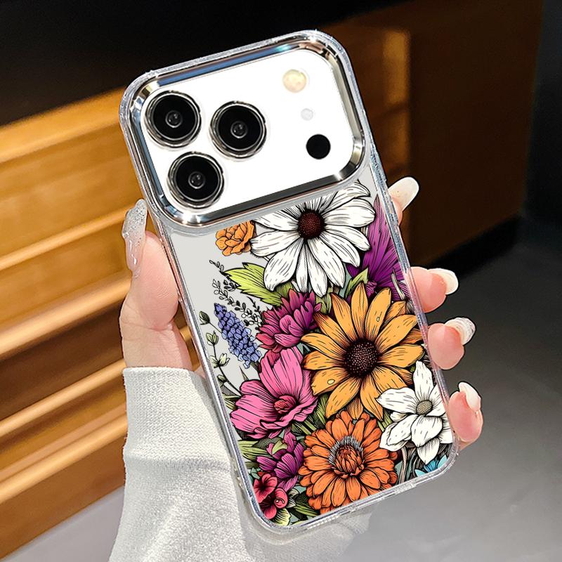 

INS Sunflower Print Case For iPhone 17 Pro Max iPhone 16 15 14 13 Pro Max 11 17e 16e Plating Lens Frame Clear Soft Silicone Back Cover iPhone 16 Pro Max прозрачный