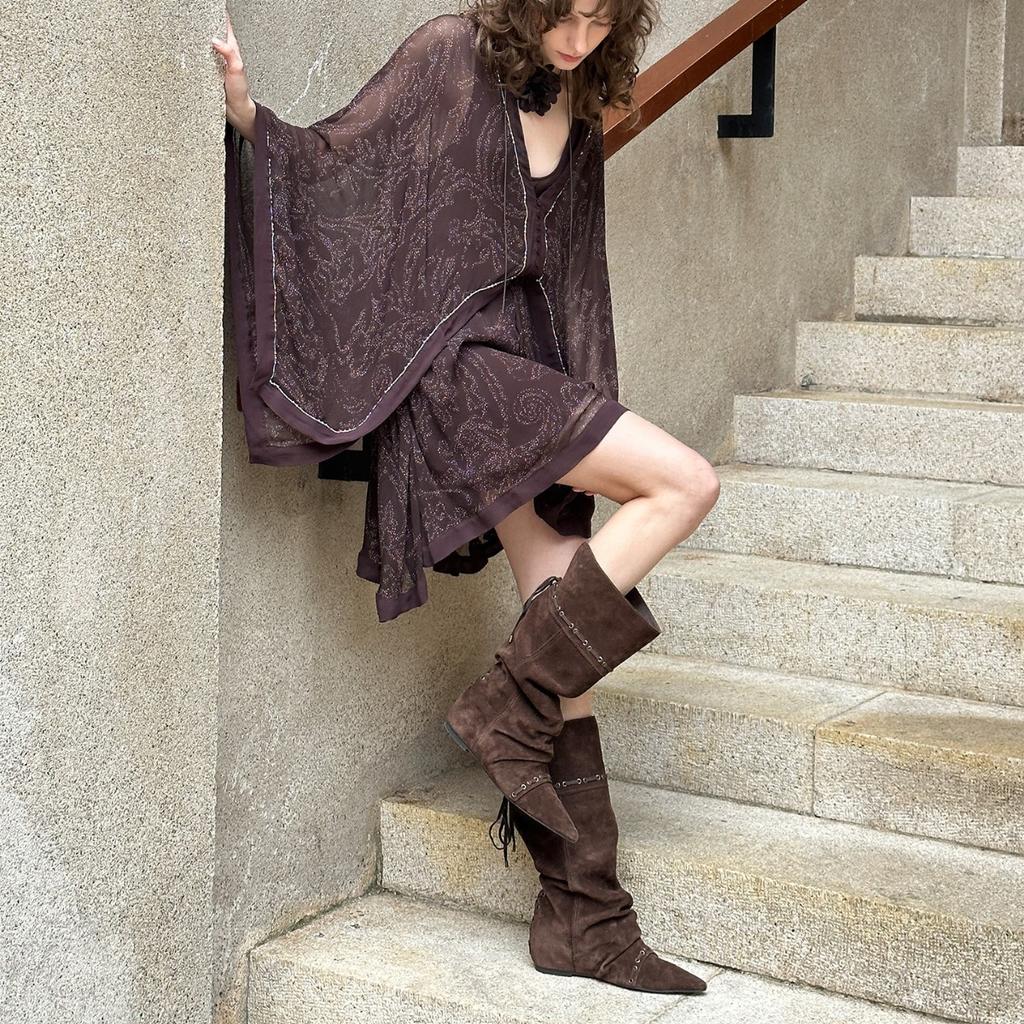 Retro pointed versatile pleated stacking boots boots 2025 new foldable two-wear inner heightening fashion boots women