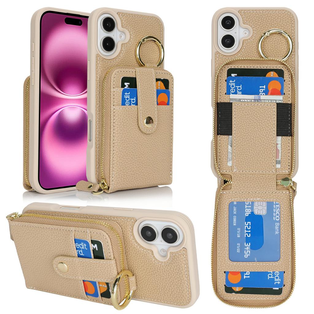 For iPhone 16 Case with Zipper Pouch/Ring Kickstand/Strap Litchi Texture PU + TPU Phone Cover