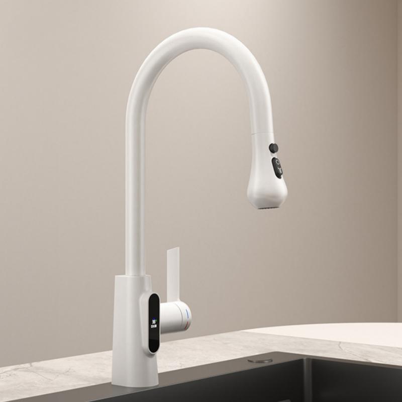 

Цифровий дисплей Висувний кухонний кран Холодна гаряча вода Змішувач 3 режими Розпилювач Обертання потоку Раковина Мийка посуду для кухні білий