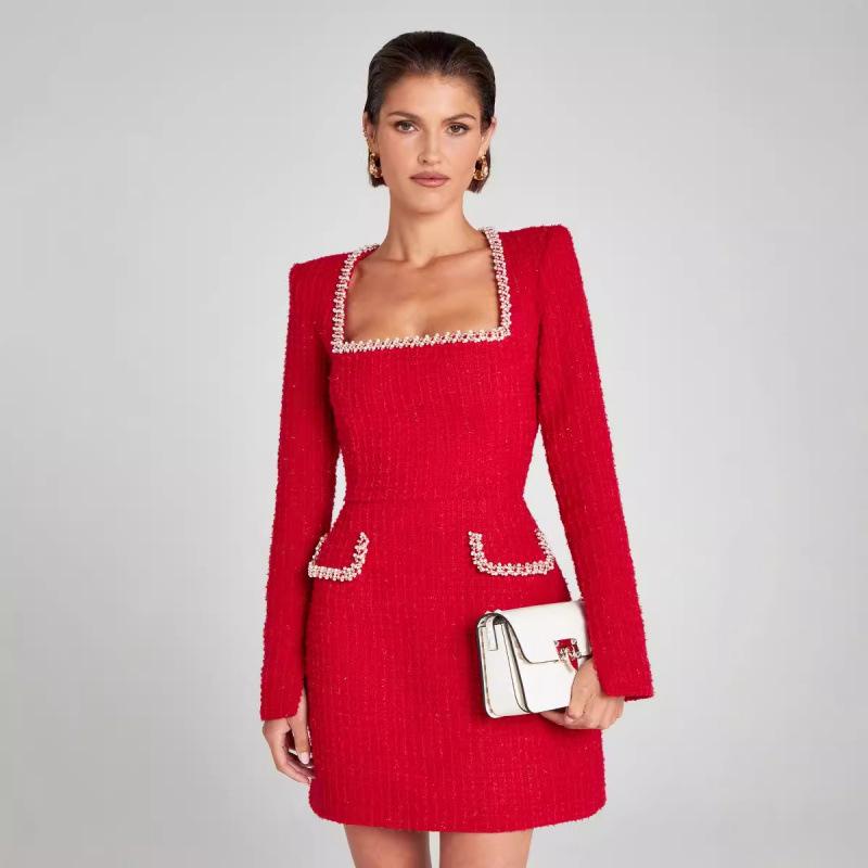 Elegant U-neck Long-sleeve Beaded Slimming Dress for Women