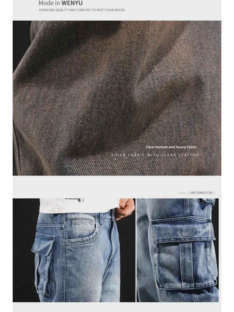 Men's American-Style Multi-Pocket Wide-Leg Loose Workwear Jeans, Large Size