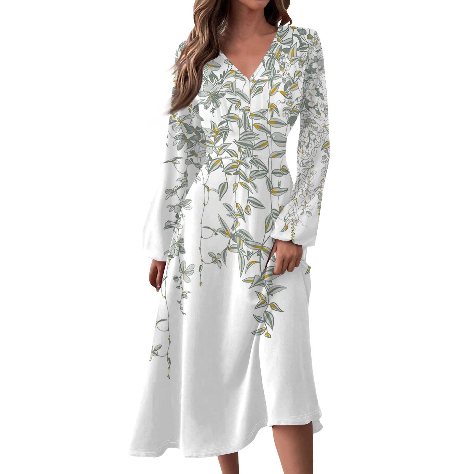 

Women s Autumn And Winter Casual Fashion V-neck Long Sleeve Stripe Print Long Dress L жовтий