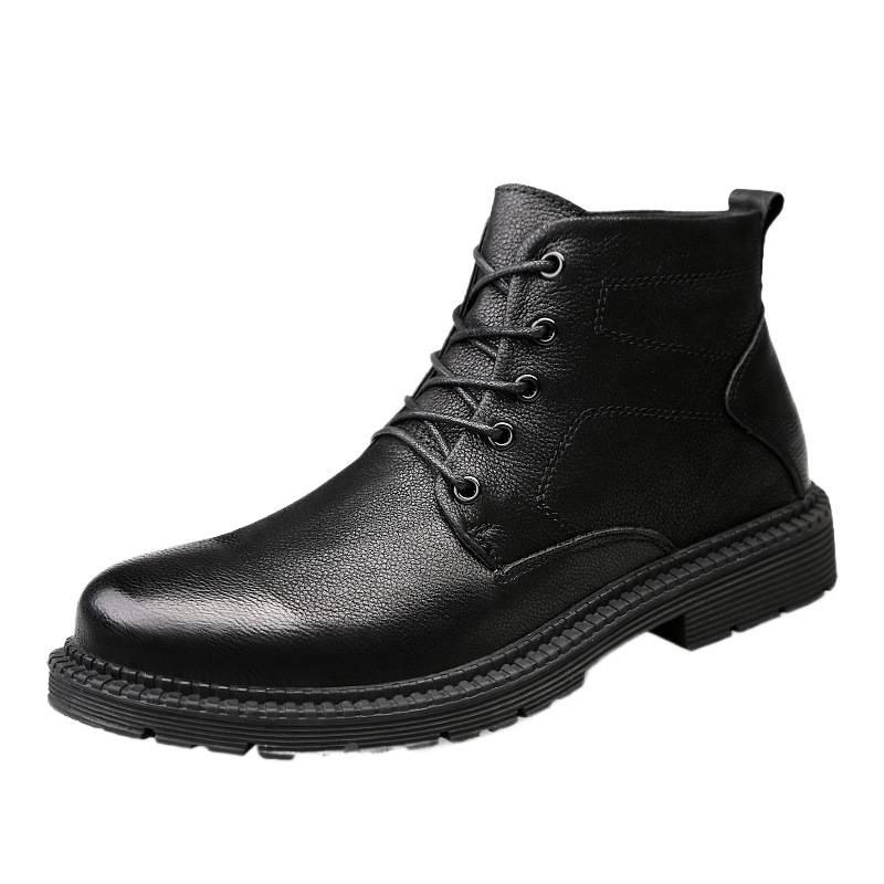 Fashion Men'S Medium Leather Boots Fashion Trend Casual Lace-Up Daily Men'S Shoes Cotton Warm Martin Boots