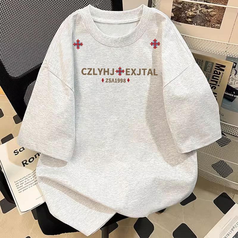 

2026 Men s Plus Size American High Street Style Cross Letter Print Cotton T-Shirt - Loose Fit, Short Sleeve Summer Top XL (60kg-65kg)