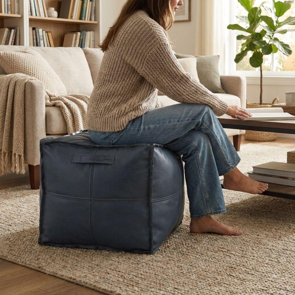 Waterproof Square Pouf Cover PU Leather Ottoman Cover Sofa Footstool Cover Living Room