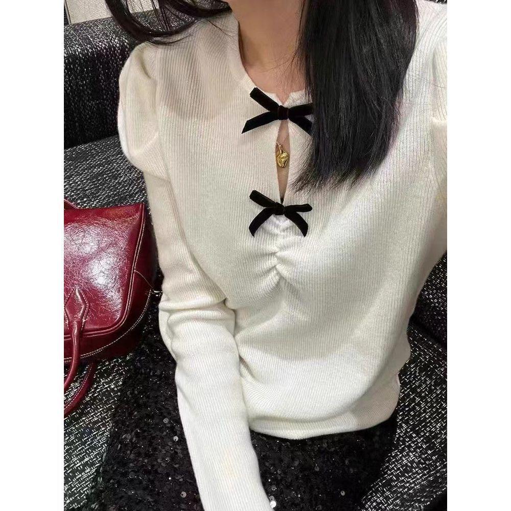 Winter Soft Slim Hollow-Out Knit Sweater with Bow Detail