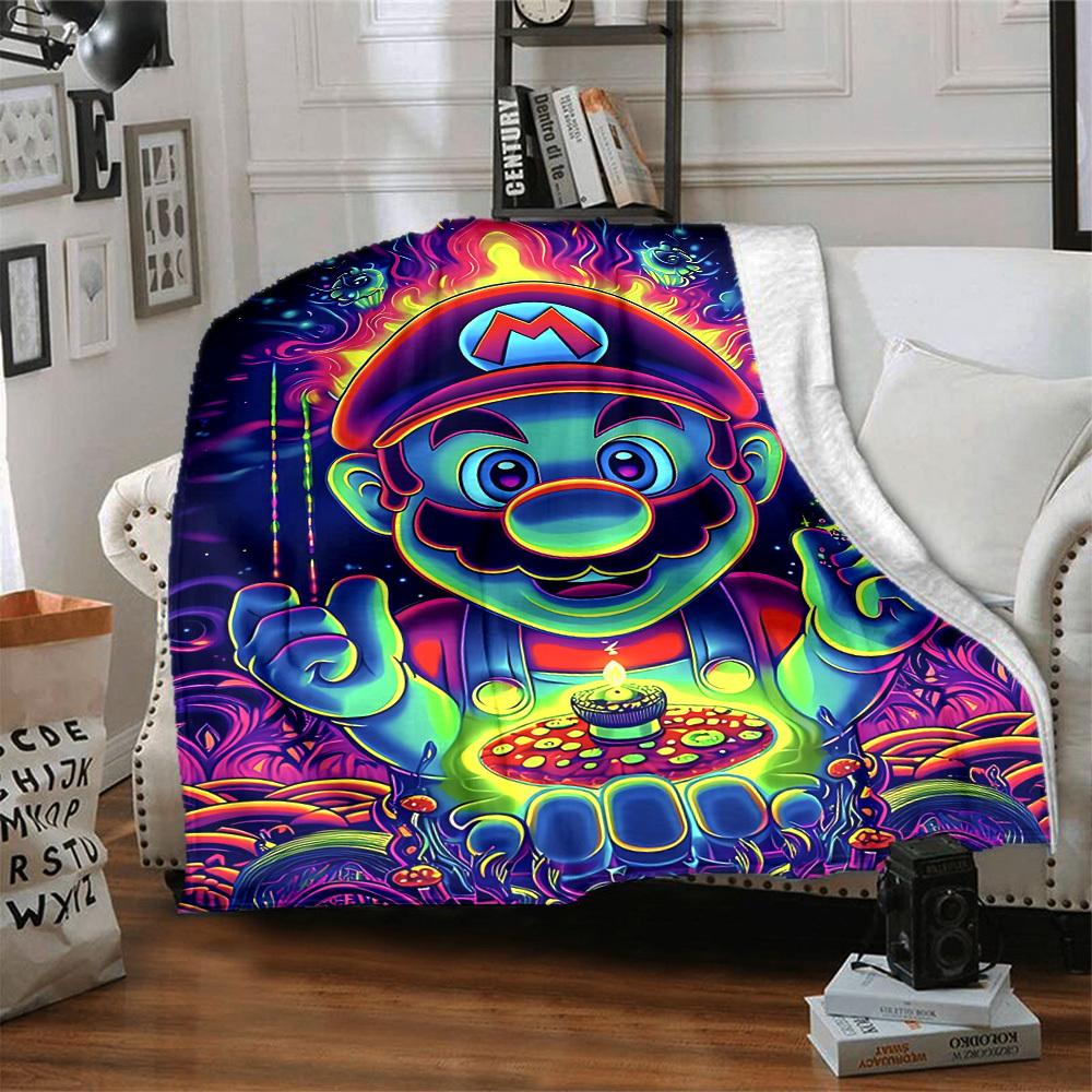 1pc Psychedelic Mario Flannel Blanket, Soft Skin Friendly with Digital Printing, Various Sizes Available for Family, Friends, Birthday