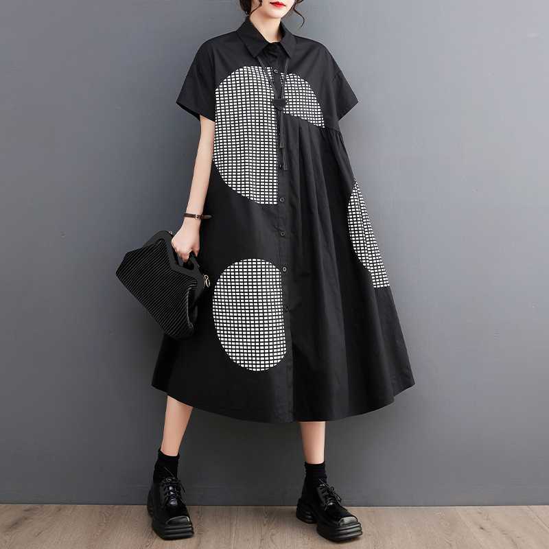 Loose Plus Print Medium Long Artistic Retro Short Sleeved Shirt Dress