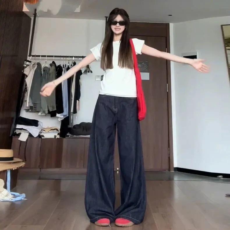 Women's High-Waisted Dark Blue Retro Denim Wide-Leg Pants - Summer Style, Floor-Length, Loose Drape, Suited for Tall (175-180) Women