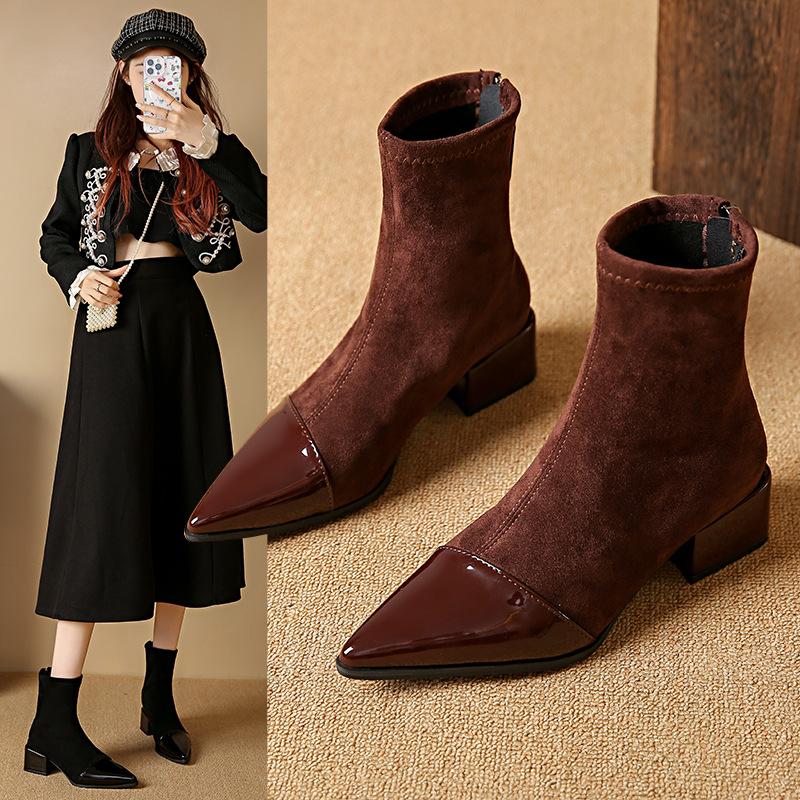 Suede boots women's autumn and winter new thin French temperament small bare boots pointed short boots women's boots