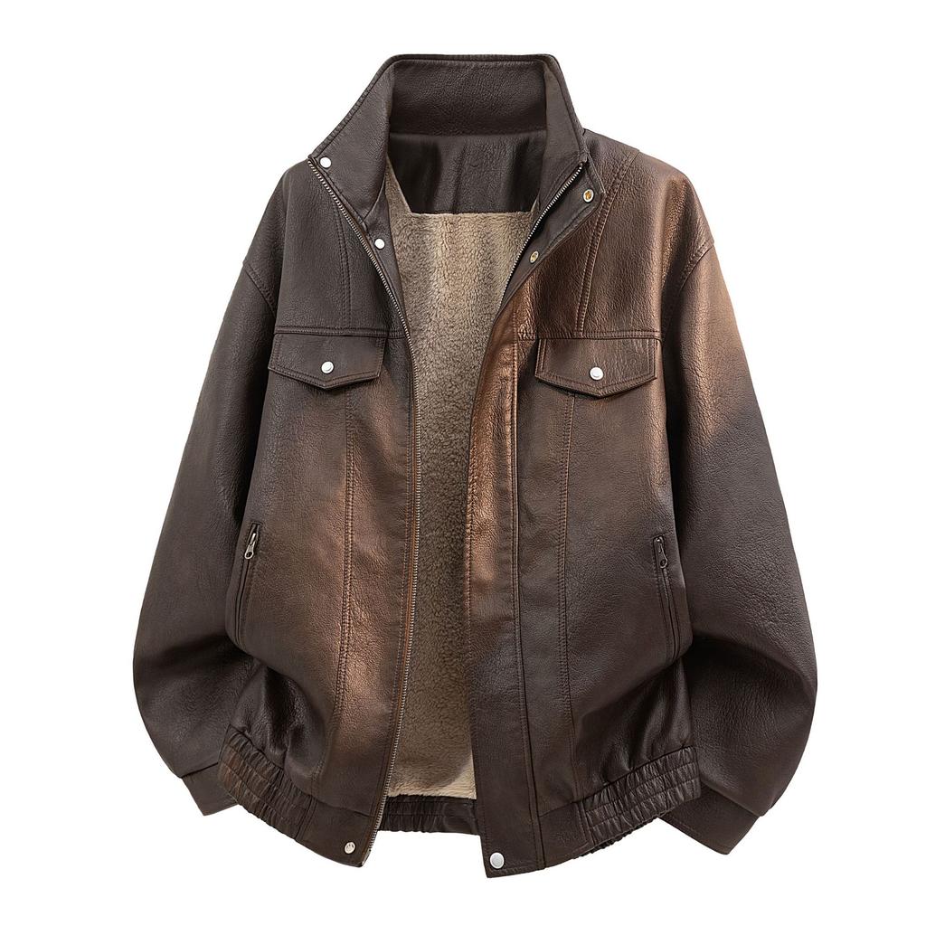 Fleece thickened American retro PU leather jacket men's winter loose trendy brand large size jacket top men's coat