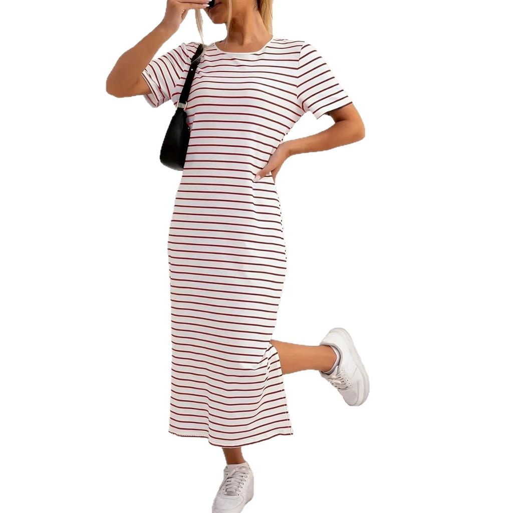 Spring and summer new split design women's fashion striped dress