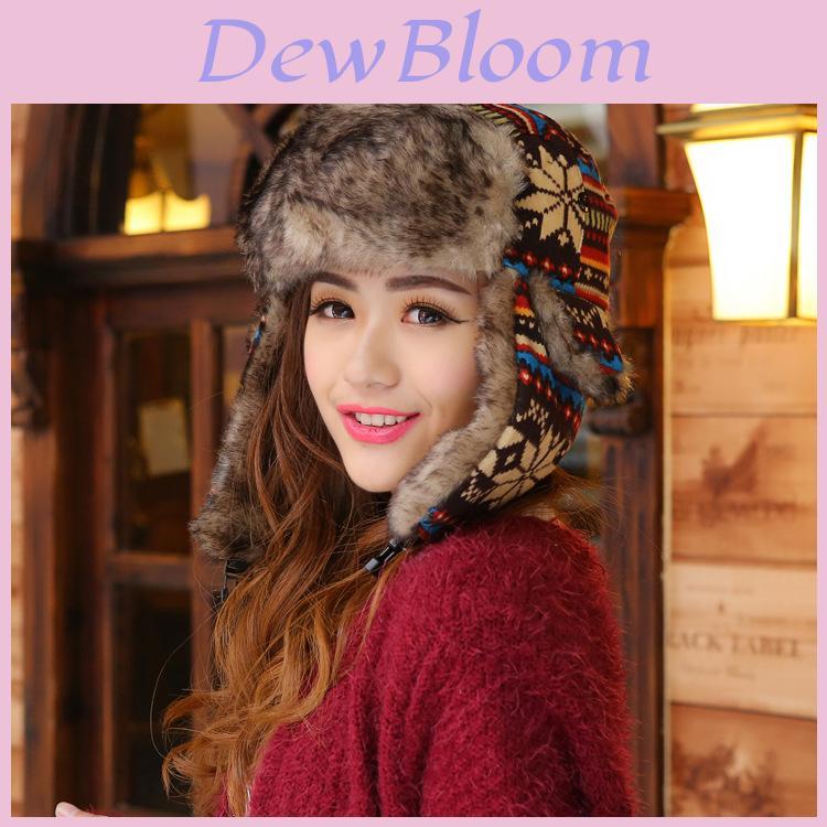 Geometric Knitted Beanie Hat With Ear Flap For Winter Warmth And Wind Protection