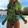 Women Long Sleeve One Piece Swimsuit Zip Front  Plant  Print Rash Guard Surfing Bathing Suit
