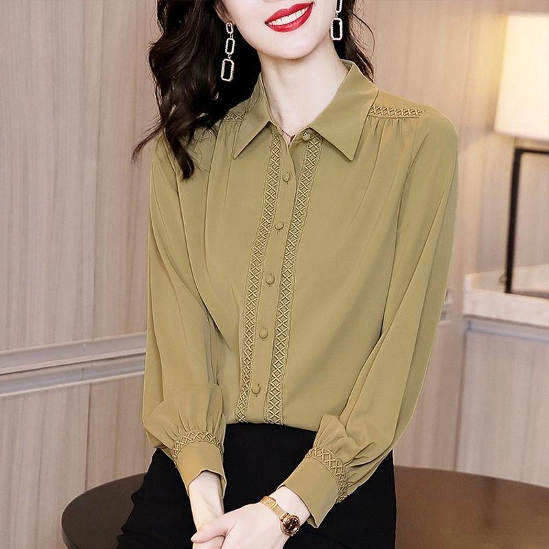 WTEMPO Long-sleeved Chiffon Shirt Women Spring and Autumn Fashion Bottom Shirt Female Temperament Shirt Solid Color Cardigan Top