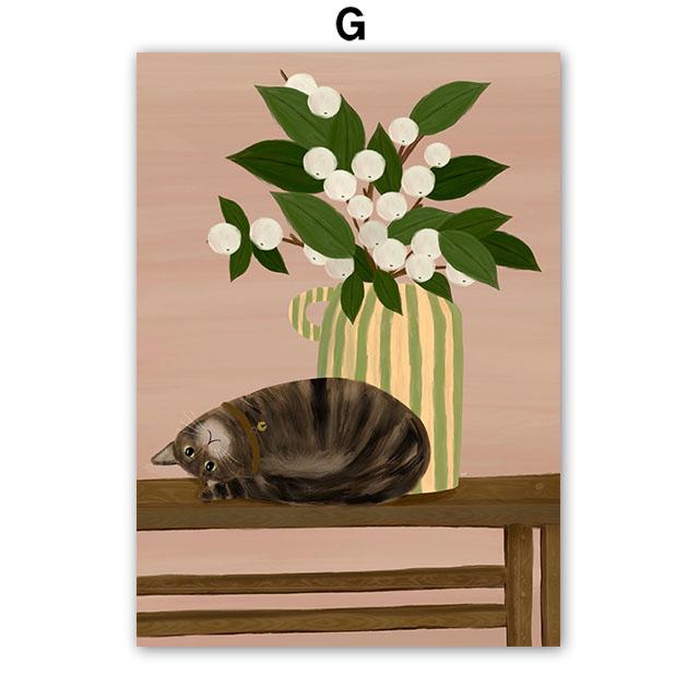 Boho Abstract Girl Garden Flowers Cat Illustration Wall Art Canvas Painting Nordic Poster And Prints Pictures Living Room Decor