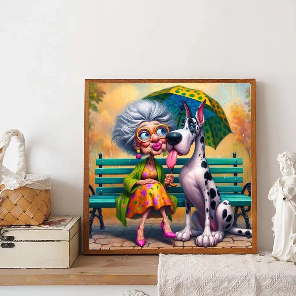 DIY Diamantmalerei Neu 2024 Glückliche alte Dame und Hund Volldiamant Mosaik Stickerei Kunst Stich Wohndekoration Bastelset Geschenk