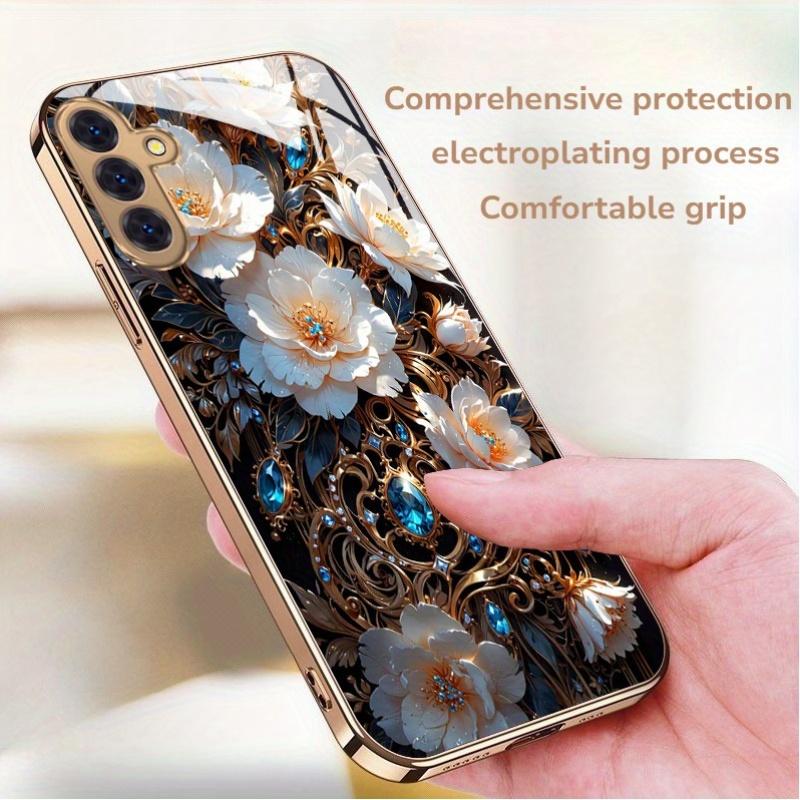 Vergoldete gehärtete Glas-Handyhülle, kompatibel Galaxy S26 S25 S24 S23 S22 Ultra Plus. Verfügt über ein trendiges weißes Blumenmuster.