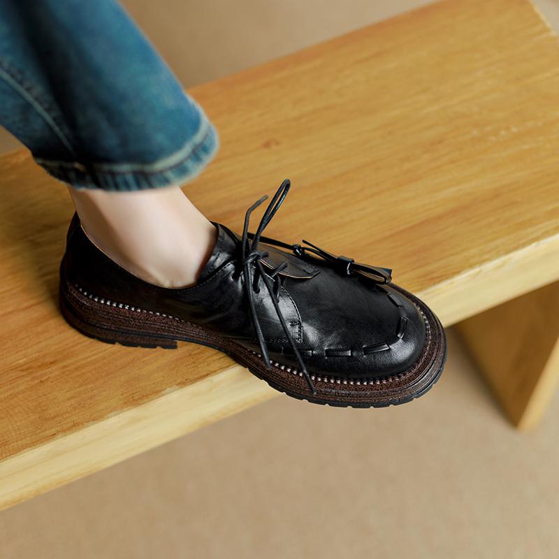 Fashion 2024 Spring New Platform Shoes Women Genuine Cow Leather Round Cross Tied Closure Chunky Sole Ladies Casual Shoes Handmade Pumps