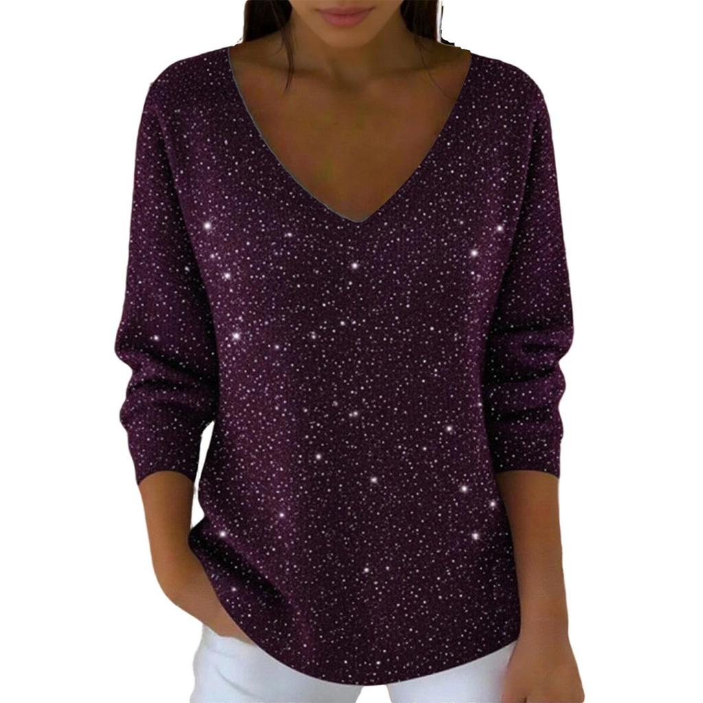 Women's Casual Daily Long-Sleeved V-Neck Faux Sweater Knitted Pullover Top With Sequins