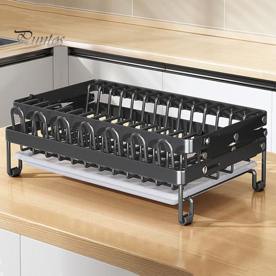 Drain Dish Rack with Wine Glass Holder Strong Load-bearing Height Adjustable 2-Tier Kitchen Counter Drying Rack Utensil Holder