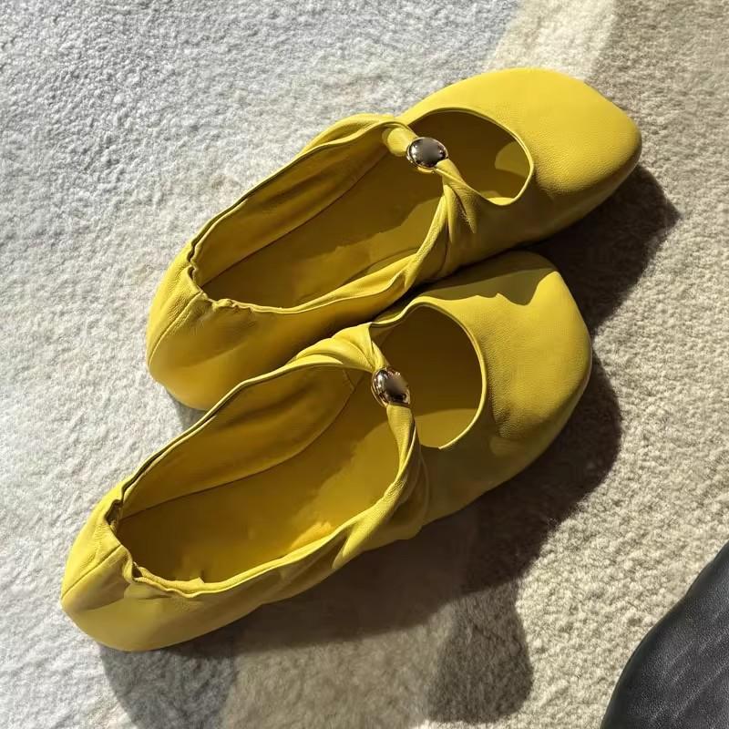 Sheepskin Version! Retro Pleated Shallow Mouth Square Head Single Shoes for Women with Soft Bottom Flat Bottom Mary Jane Shoes for Women