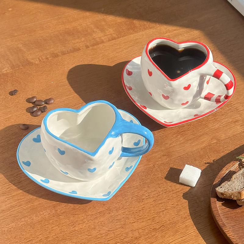 Korean Style Retro Love Ceramic Cups and Saucers, Hand-squeezed Irregular Heart-shaped Coffee Cups and Saucers, Afternoon Tea Cups and Saucers