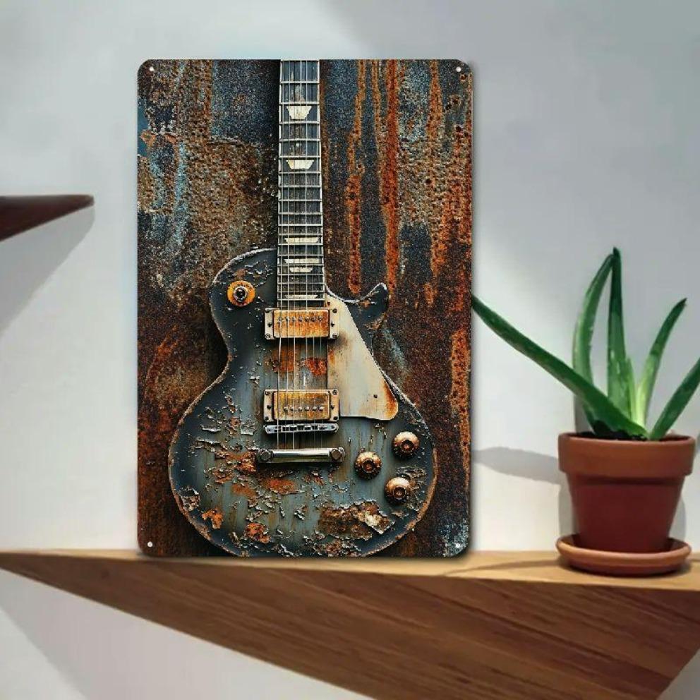 Dwuwymiarowy Vintage Metalowy Znak Ścienny z Elektryczną Gitarą - 12x8 Calowy Rustykalny Blaszany Wystrój do Pokoju Muzycznego, Baru, Garażu lub Jaskini Mężczyzny