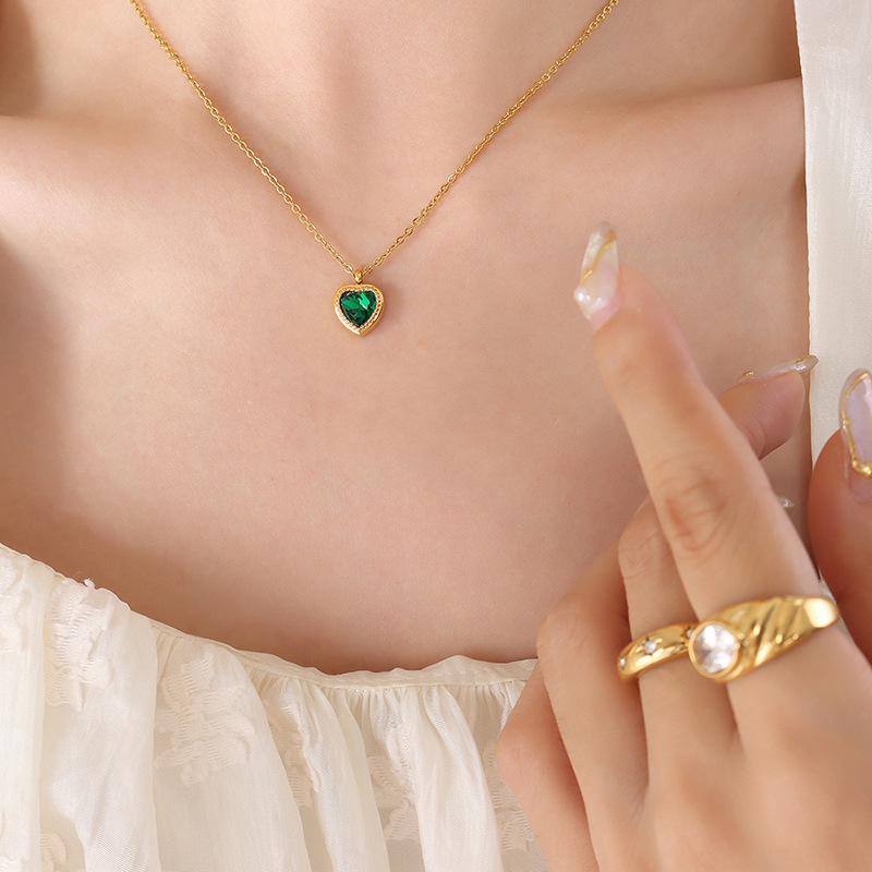 French Niche Multi-Color Zircon Love Pendant Necklace & Earrings Set