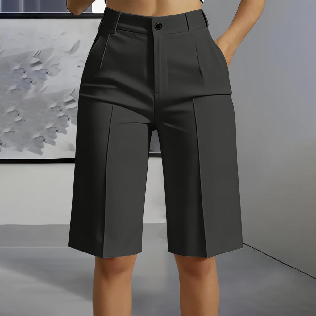 High Waist Straight Leg Bermuda Shorts for Women Casual Tailored Office Style Five Inch Length with Belt Loops and Front Pleats