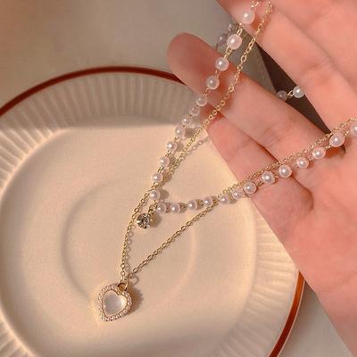 Fashion Cute Love Heart Shaped Pendant Necklace Pearl Chain Shiny Women  Aesthetic Jewelry Choker Wedding Party Jewelry Gift