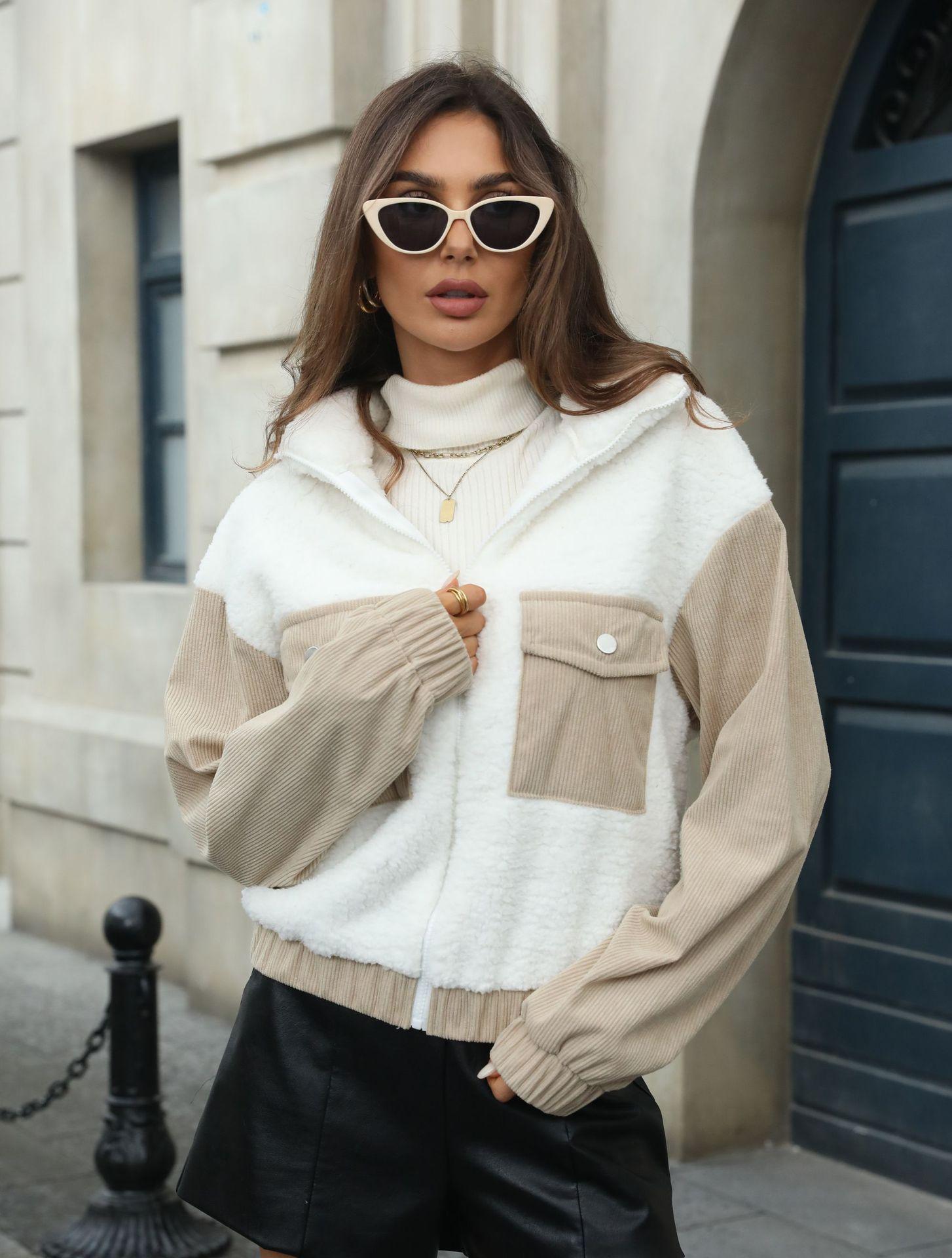 

New Style, Autumn and Winter Women s Clothing, Plush Splicing, Corduroy Fabric, Loose Cardigan, Winter Coat, Thick Coat S білий