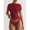 Damen Rundhals Kurzarm Crop T-Shirt Slim Fit Hohe Elastizität Einfarbige Y2K Lässiges Basic Tee Top