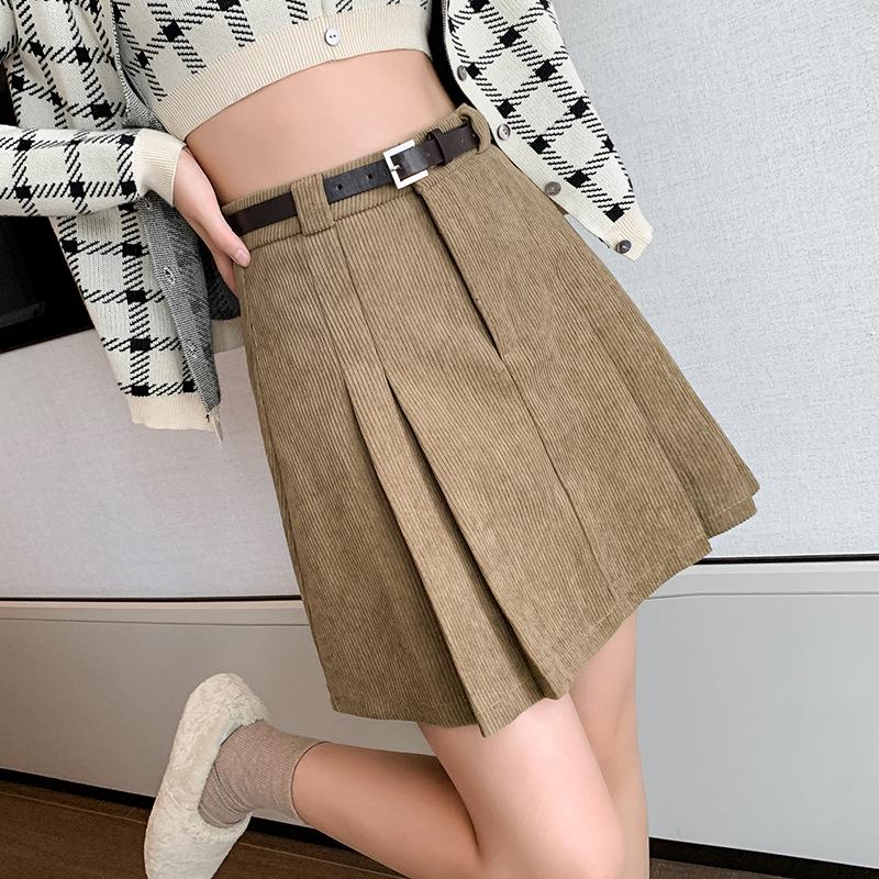 Women's High-Waisted Corduroy Wool Pleated A-line Skirt with Anti-Exposure Shorts - 2025 Autumn/Winter Collection