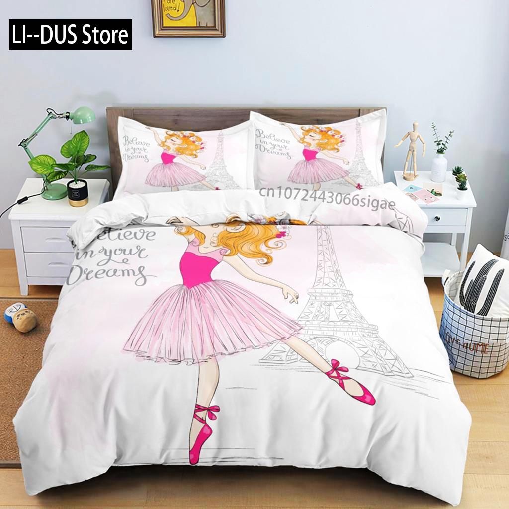 Cartoon Ballerina Duvet Cover Bedding Set For Girls Kid Cute Ballet Princess Dancer Quilt Cover Birthday Gift Bedroom Decoration