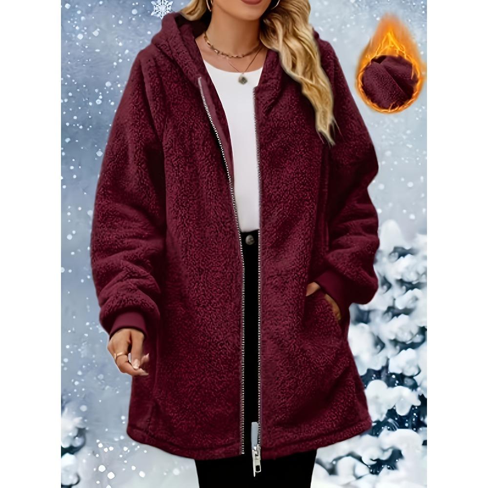 Damen Plüsch Reißverschluss Jacke Mit Kapuze Locker Langarm Pelzig Strickjacke Winter