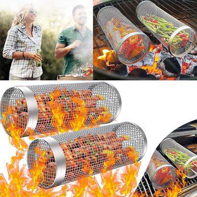 BBQ Basket Round Grilling Stainless Steel Rolling Grilling Basket Wire Mesh Cylinder Grill Basket Portable Outdoor Camping Barbe