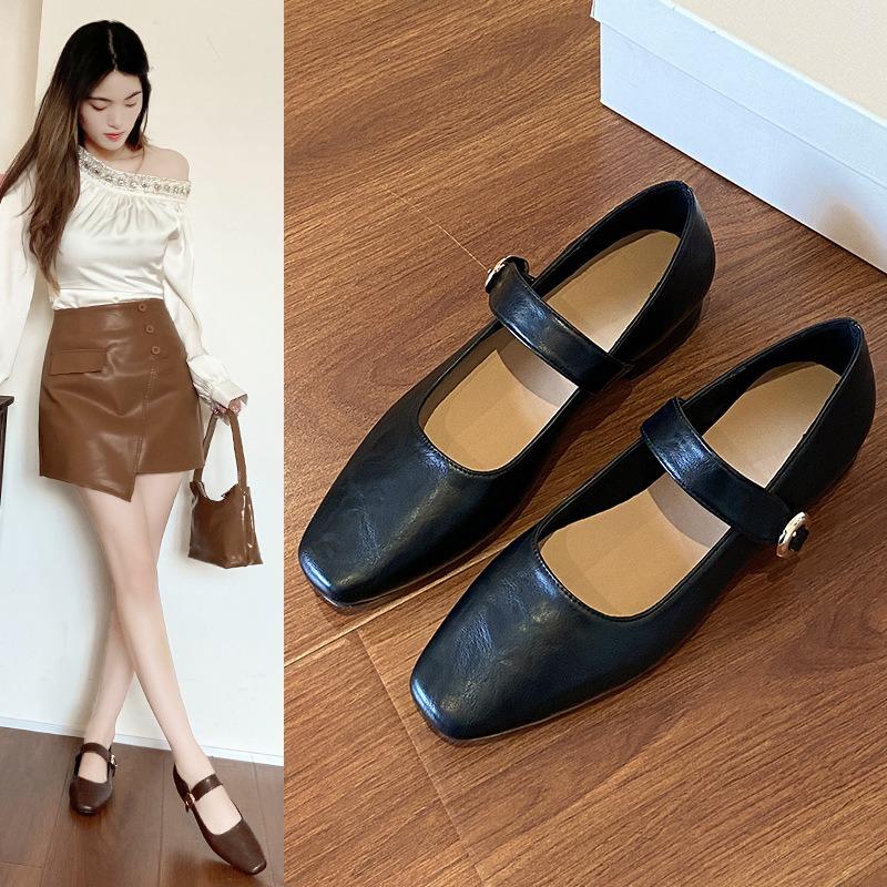 Fashion French Retro Mary Jane Leather Shoes Versatile 2025 Autumn New Elegant Women's Square Head Street Dress Low Heels Shoes