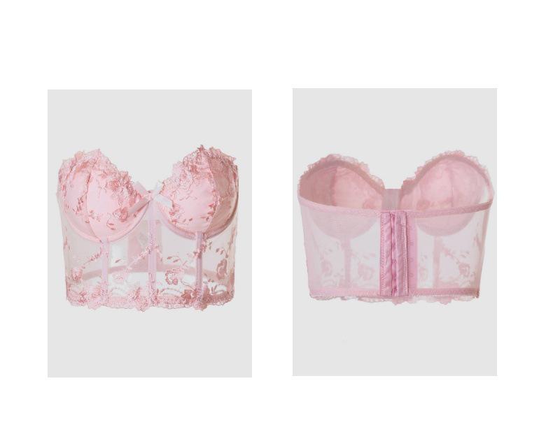 Pink Mesh Embroidered Corset Lingerie: Sexy Bandeau with Fishbone Detailing